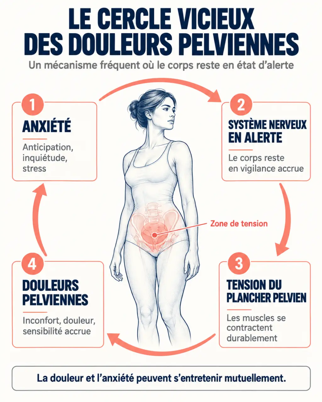 Schéma du lien entre anxiété, tension du plancher pelvien et douleurs pelviennes