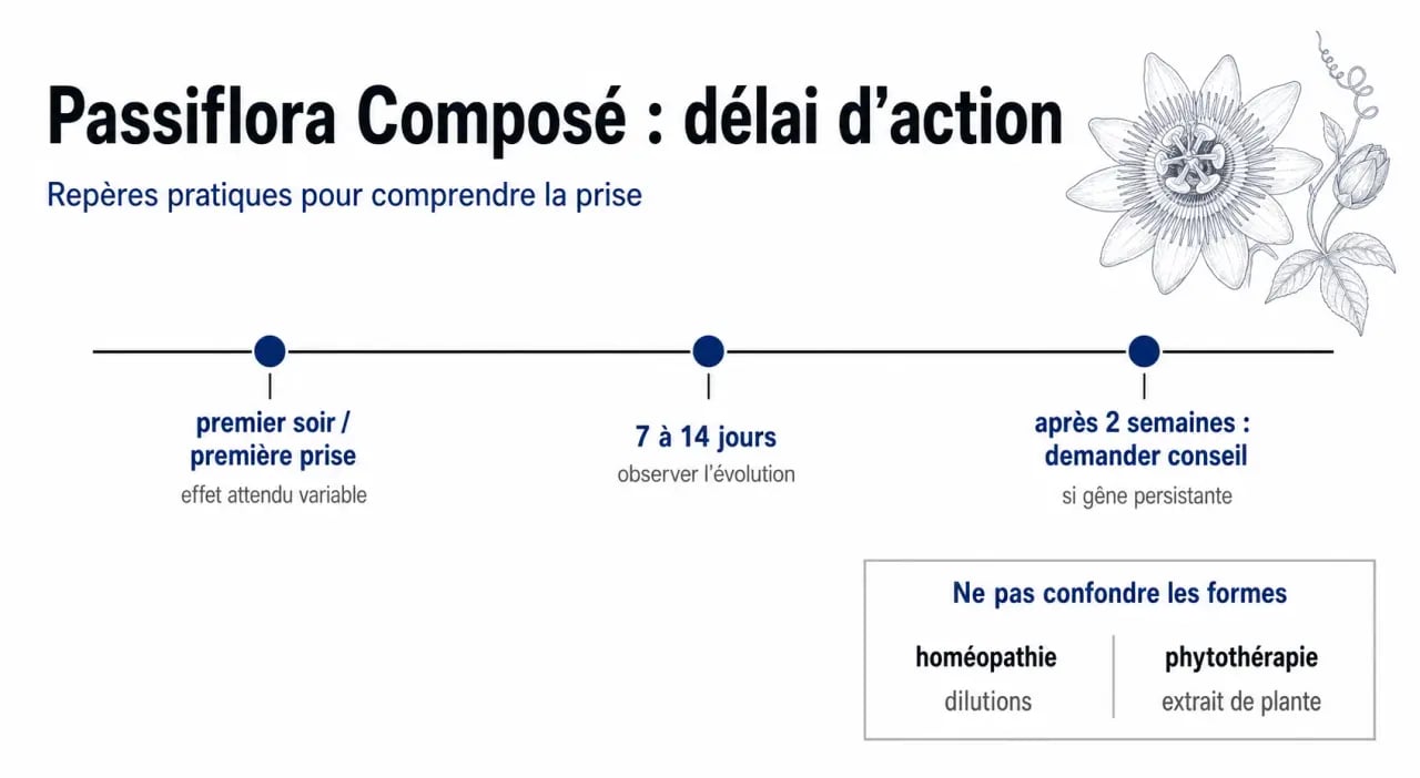 Passiflora composé effet au bout de combien de temps : frise du délai d’action et repères entre premier soir, 7 à 14 jours et avis après 2 semaines