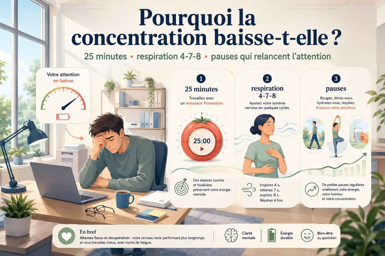 Pourquoi la concentration baisse-t-elle ? 25 minutes, respiration 4-7-8 et pauses qui relancent l’attention