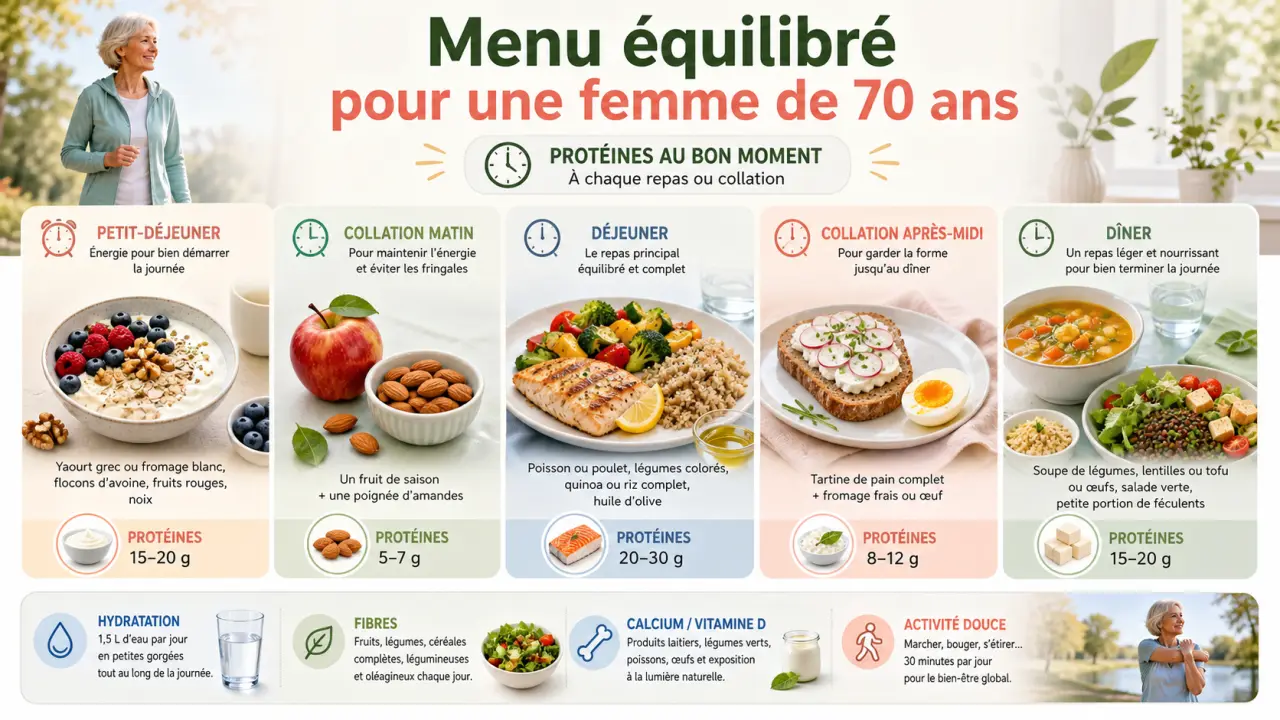 Menu équilibré pour une femme de 70 ans : 3 repas, 2 collations et des protéines au bon moment