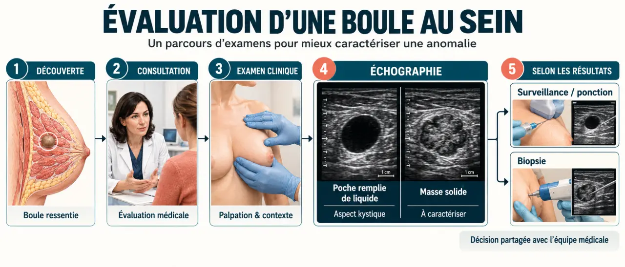Schéma du parcours diagnostique d’un kyste mammaire et stress face à une masse au sein