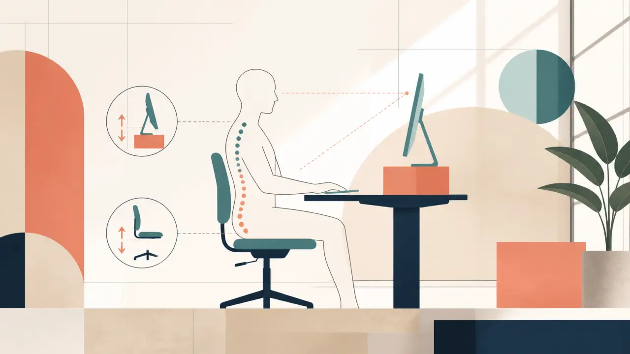 Composition Bauhaus sur la posture au bureau et les réglages ciblés pour un dos voûté