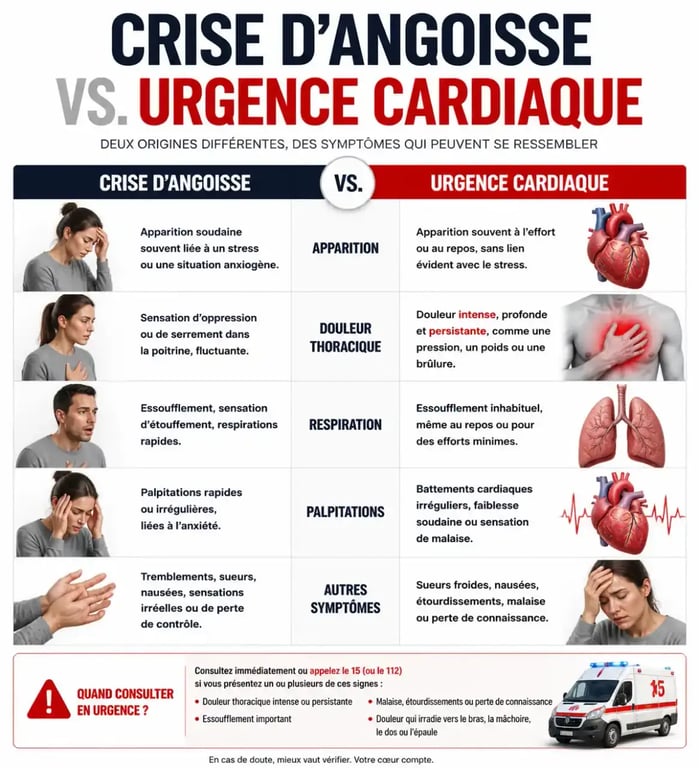 Infographie comparant crise d'angoisse et urgence cardiaque pour gérer les palpitations liées à l'anxiété