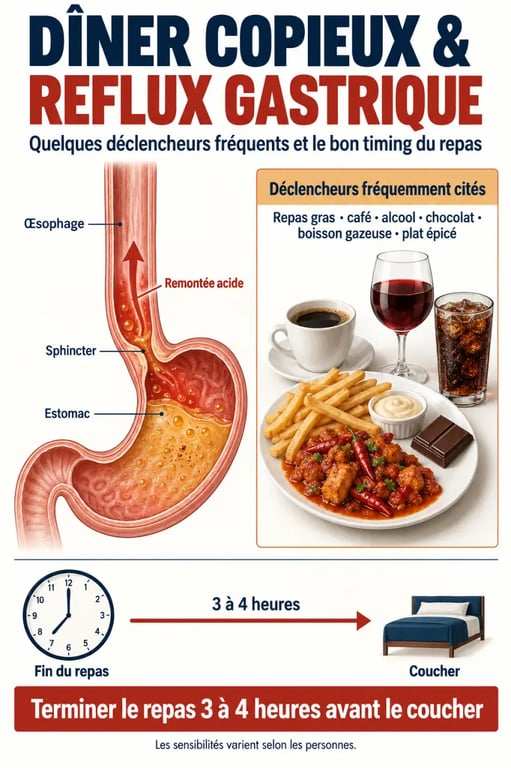 Reflux gastrique aliments : dîner, boissons déclenchantes et délai avant le coucher