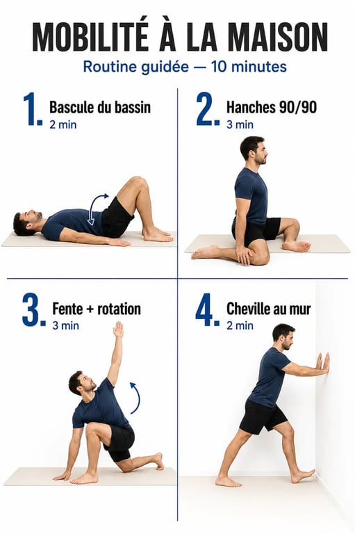 Exercices mobilité : routine de 10 minutes avec bassin, hanches, chevilles et rotation de colonne