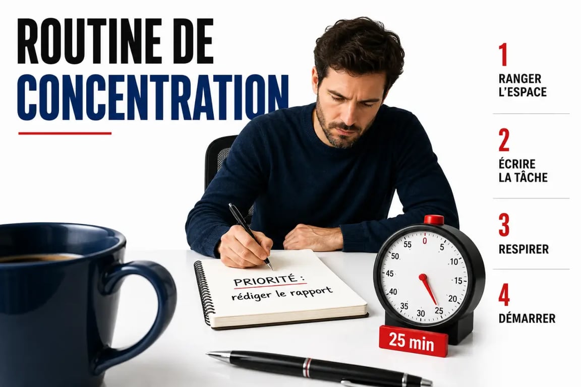 Exercice pour la concentration : routine de travail en 10 minutes illustrée dans un bureau calme