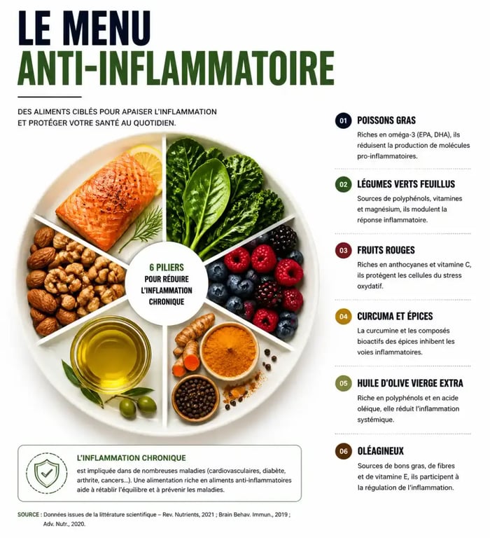 Infographie du menu anti inflammatoire présentant les aliments clés à privilégier