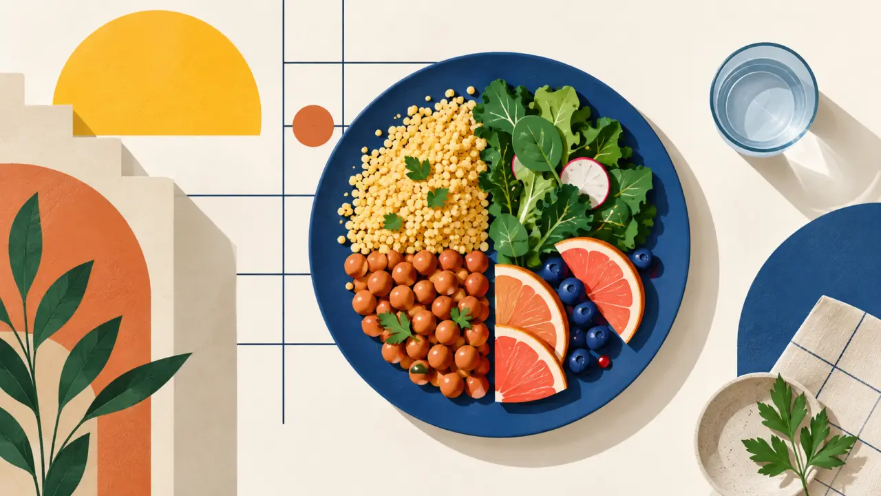 Assiette équilibrée composée d'aliments simples et accessibles, dans un style géométrique et minimaliste