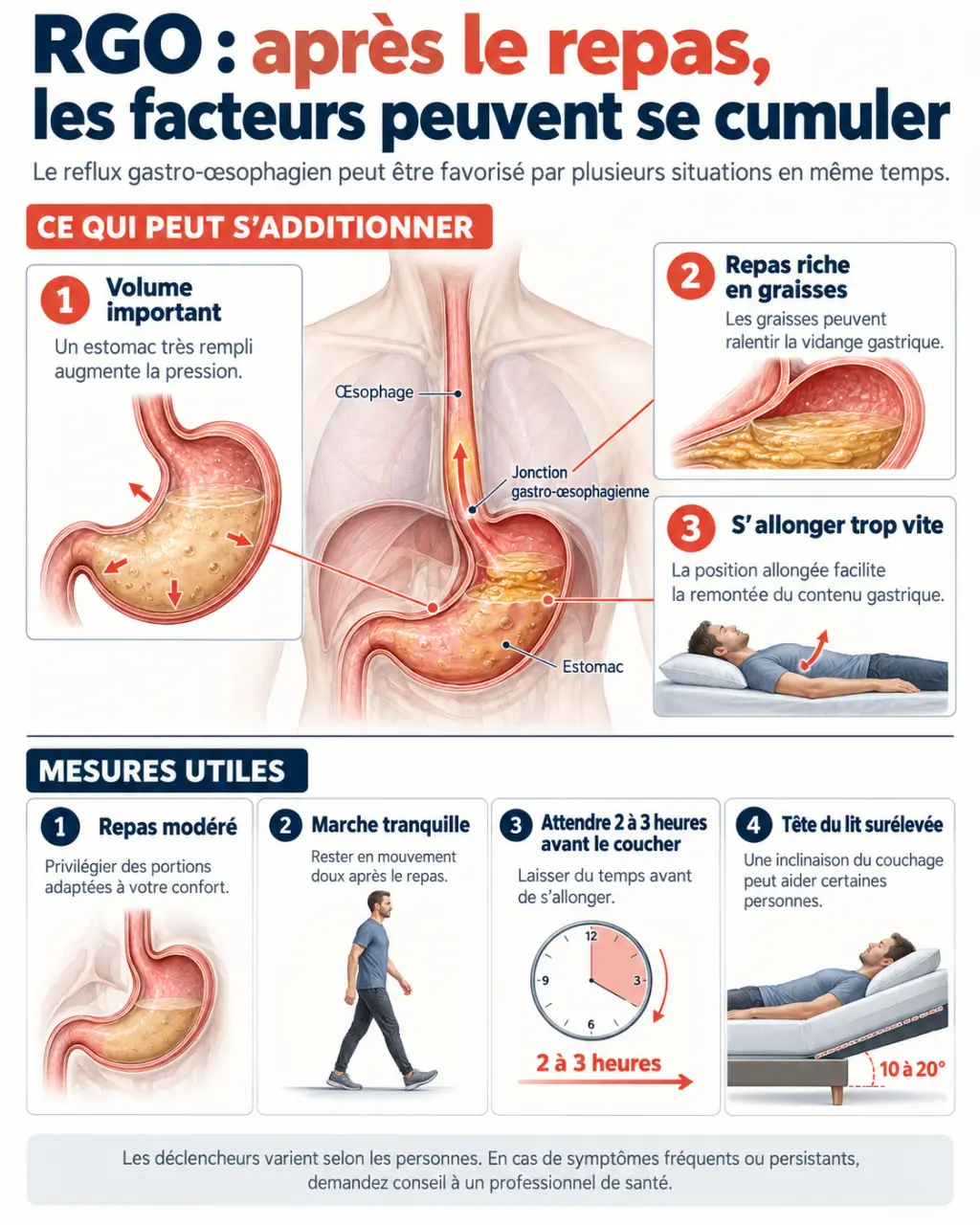 Infographie sur l’alimentation et le RGO montrant les repas, la position après manger et les mesures pour limiter le reflux