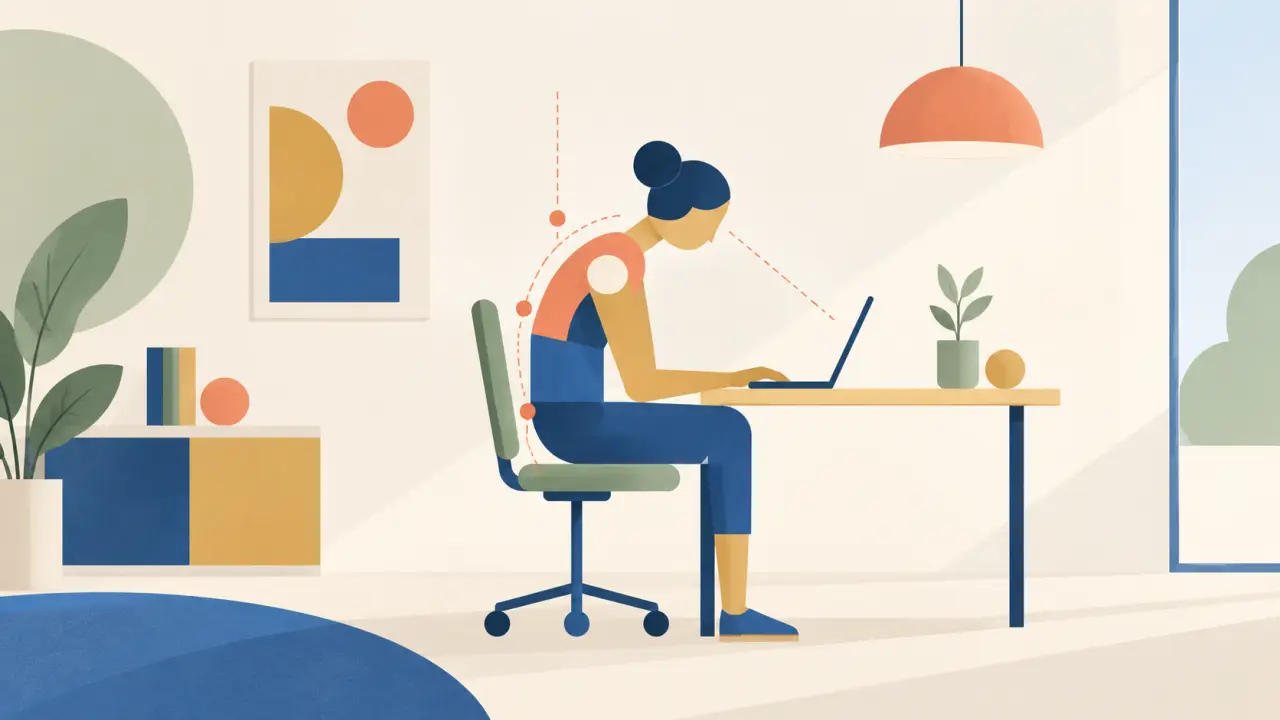 Silhouette assise au bureau entourée de formes géométriques illustrant l’alignement postural