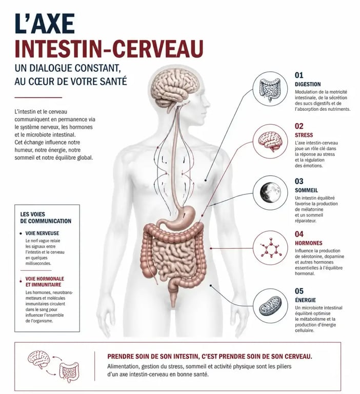 Medecin micronutrition illustrant l’axe intestin-cerveau entre digestion, stress et sommeil