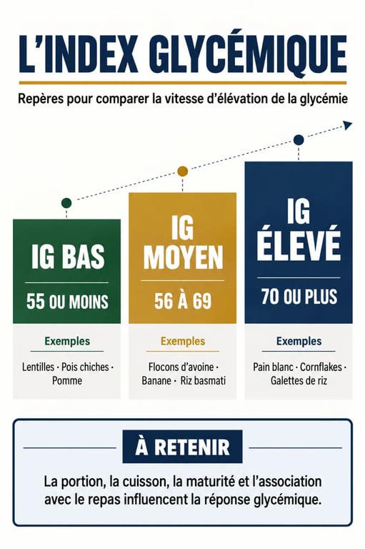 Tableau d’index glycémique des aliments avec les seuils IG bas, moyen et élevé