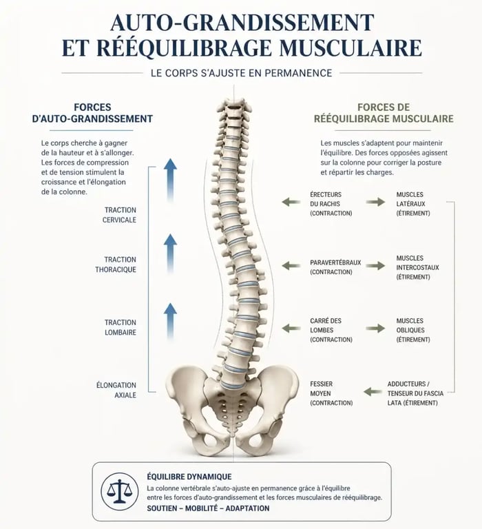 Schéma explicatif de l'exercice scoliose et de l'auto-grandissement vertébral