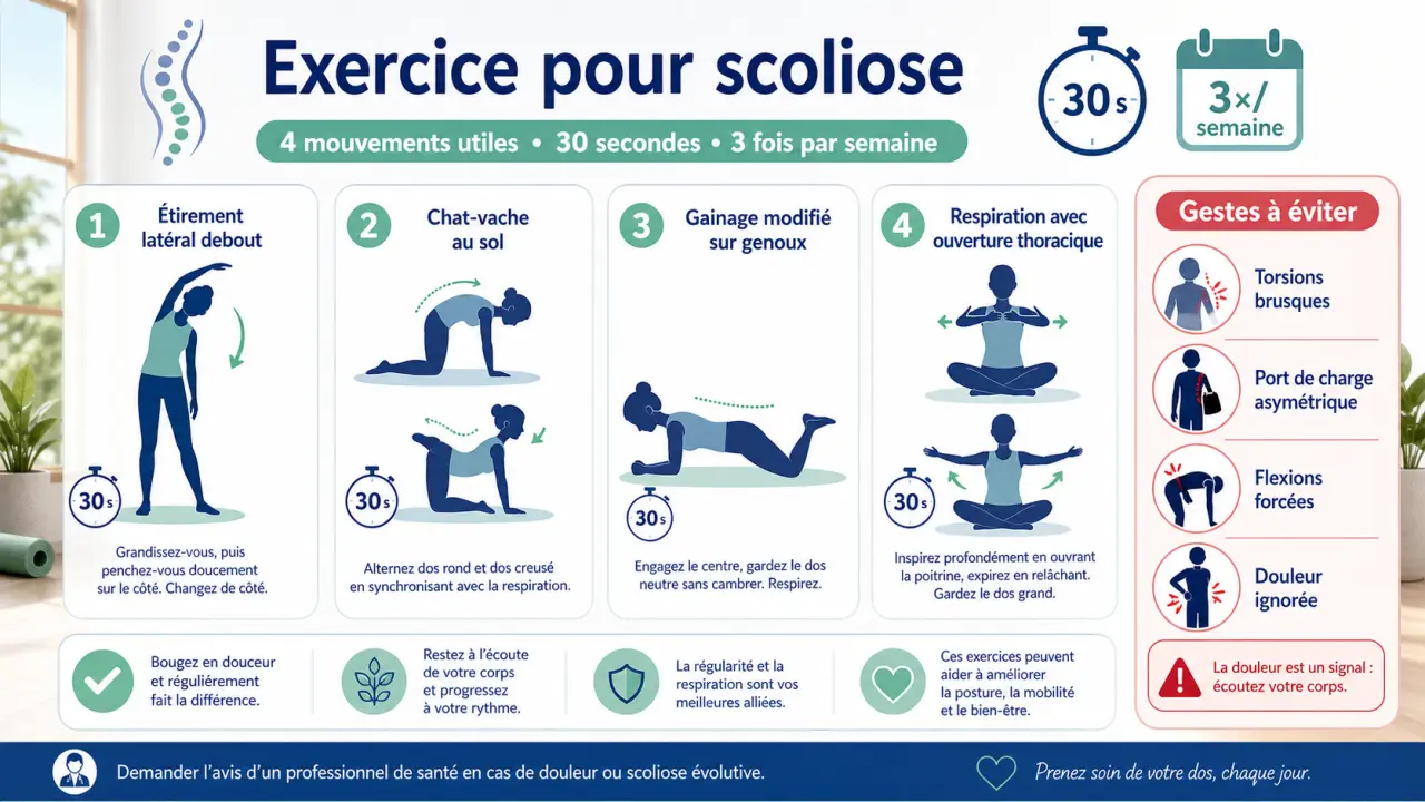 Exercice pour scoliose : 4 mouvements utiles, 30 secondes, 3 fois par semaine et les gestes à éviter