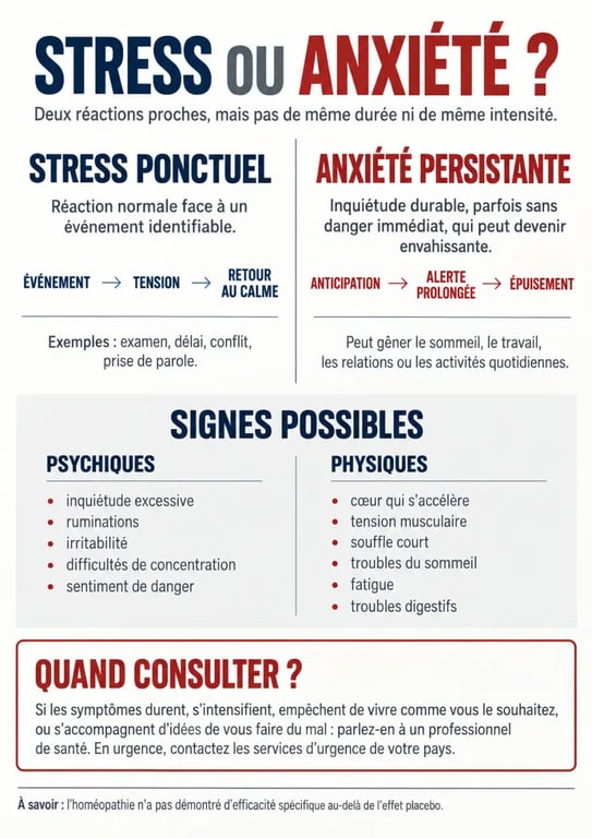Infographie sur l’anxiété homéopathie, la différence entre stress ponctuel et anxiété persistante et les signes nécessitant une consultation
