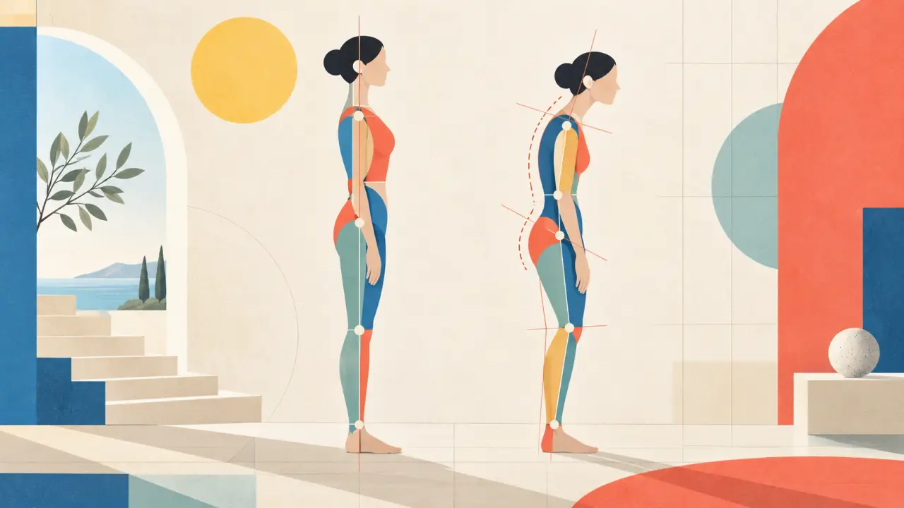Silhouette humaine et formes géométriques évoquant l'équilibre postural