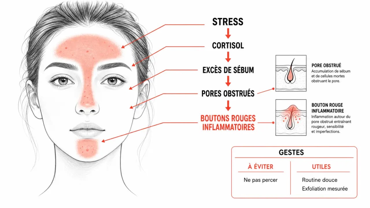 Bouton stress visage illustrant le lien entre stress, cortisol, sébum et boutons sur le visage