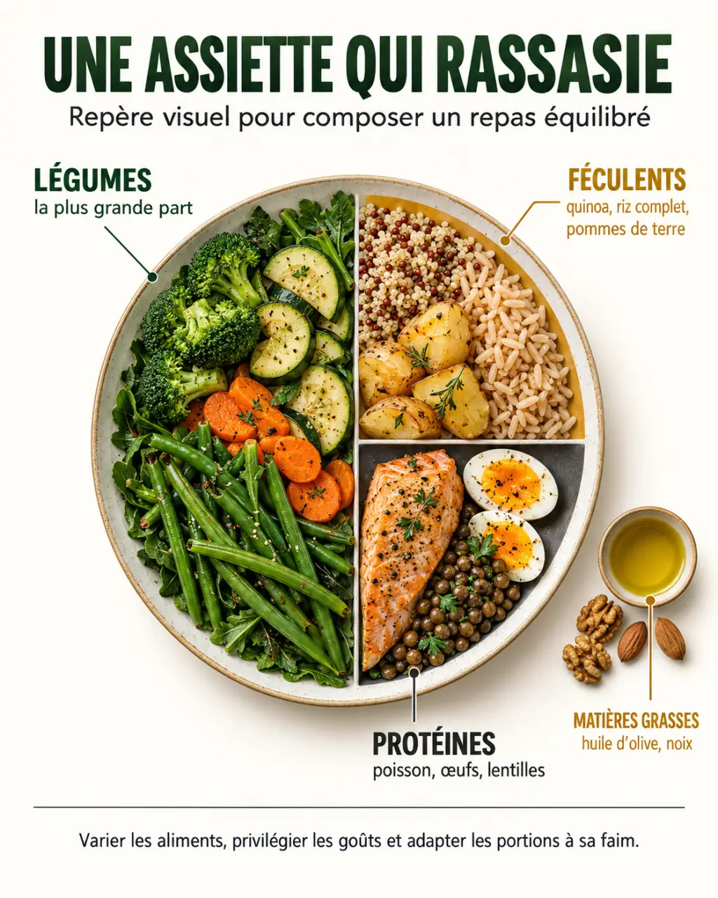 Menu minceur : infographie d'une assiette équilibrée avec légumes, protéines, féculents et matières grasses