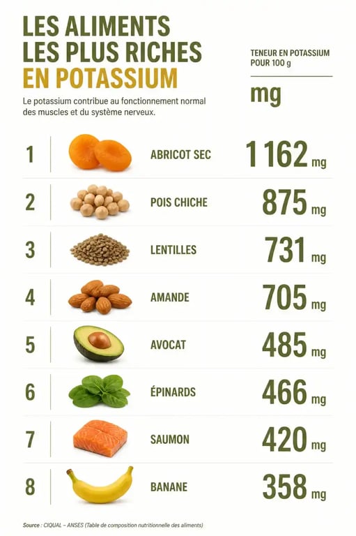 Classement des aliments les plus riches en alimentation riche en potassium en mg pour 100g