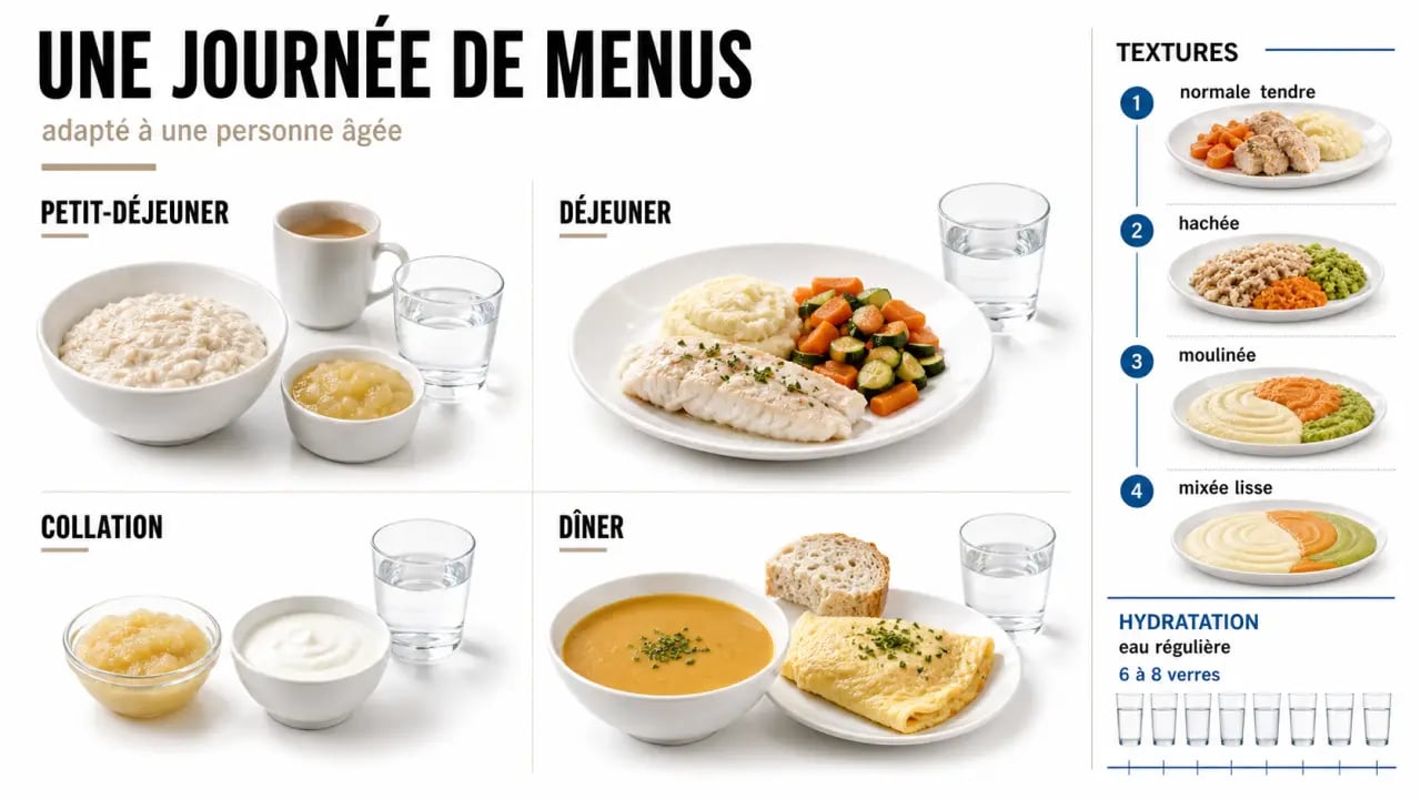 Menu pour une personne agée : journée équilibrée avec textures adaptées et repères d’hydratation