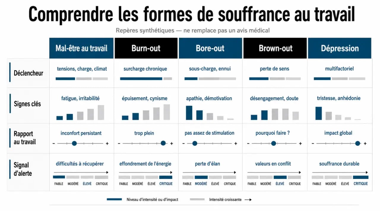 Mal être au travail que faire : visuel comparatif entre mal-être, burn-out, bore-out, brown-out et dépression