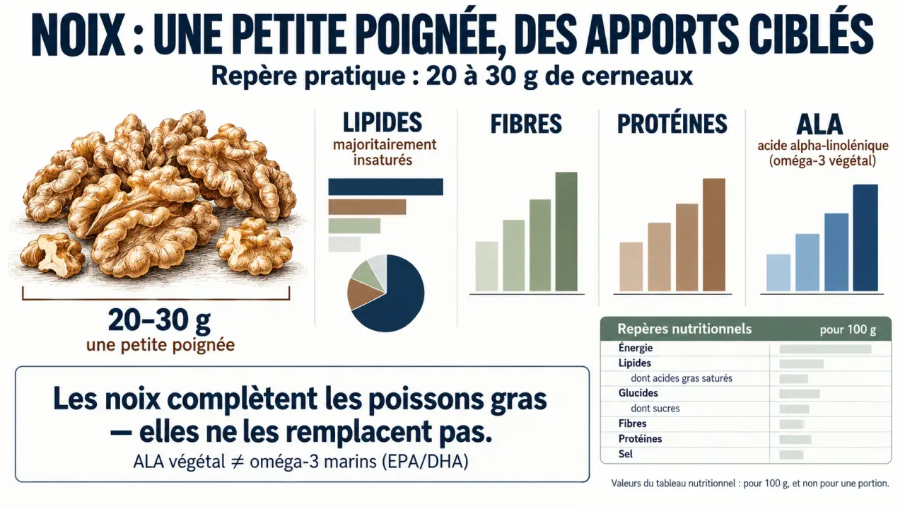 Infographie sur les noix santé, leur portion de 20 à 30 g et leurs apports nutritionnels
