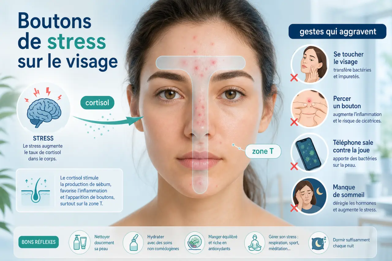 Boutons de stress sur le visage : cortisol, zone T et gestes qui aggravent