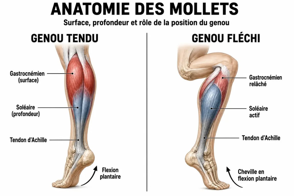 Mollets exercices : schéma des muscles du mollet, du gastrocnémien, du soléaire et du tendon d’Achille
