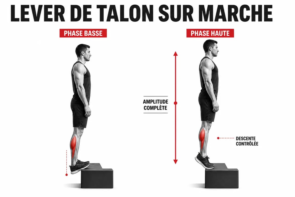 Mollets exercices : lever de talon debout sur une marche avec amplitude complète