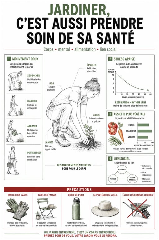 Jardinage et santé : visuel éditorial sur les bienfaits du jardinage pour le corps, le stress, l’alimentation et les précautions
