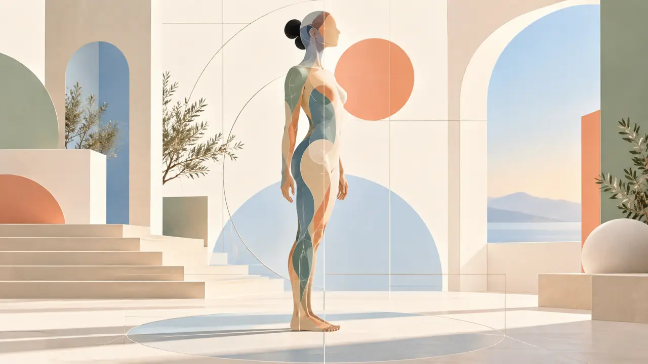 Silhouette humaine géométrique représentant un alignement postural équilibré