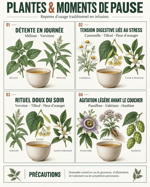 Infographie sur les plantes d’une tisane pour relaxer selon le moment de la journée et les précautions