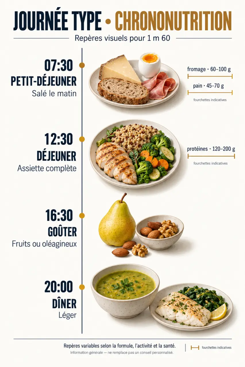 Infographie d'une journée de menu chrononutrition 1m60 avec horaires et repères de portions