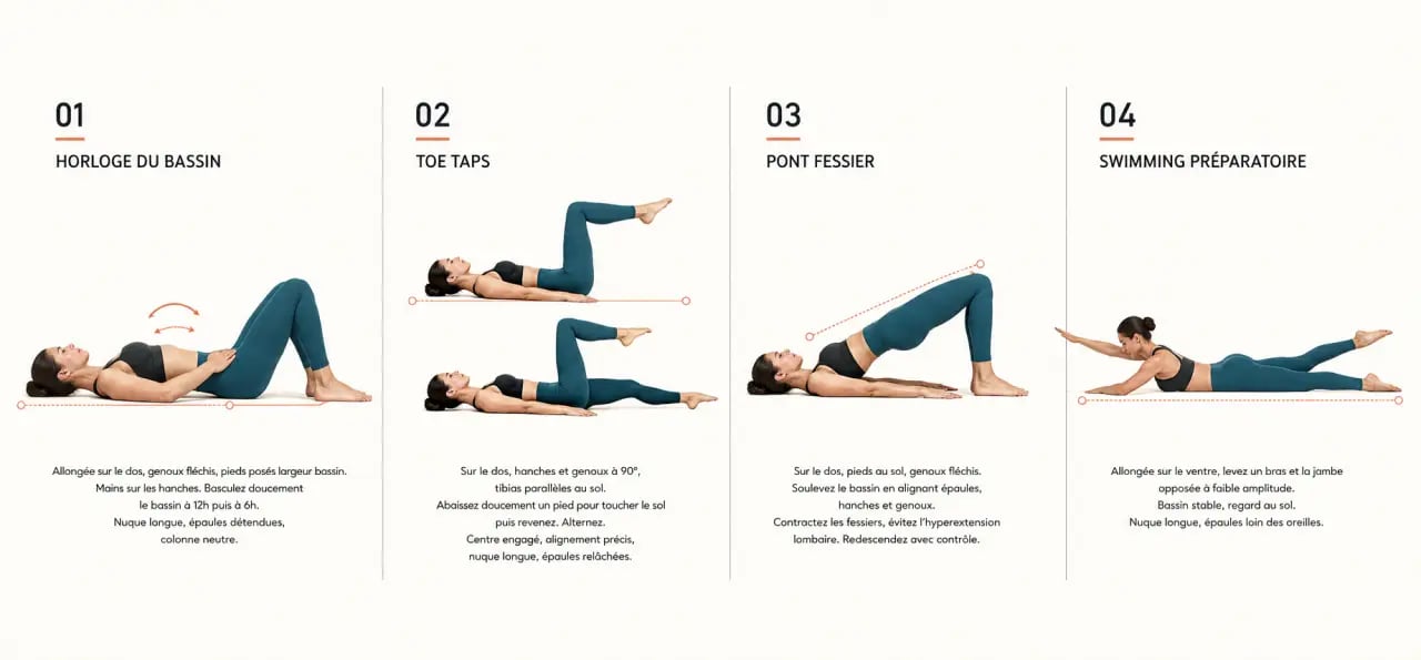 Séquence de quatre exercices de mouvement Pilates au sol pour débutant