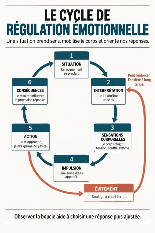 Quelle thérapie pour gérer ses émotions : schéma du cycle entre pensées, émotions et comportements