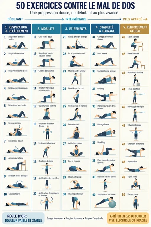 Infographie des 50 exercices contre le mal de dos classés par familles et niveaux