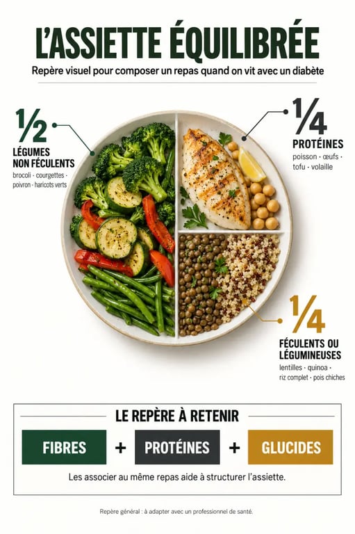 Infographie sur une liste des aliments pour un diabétique et la composition d’une assiette équilibrée