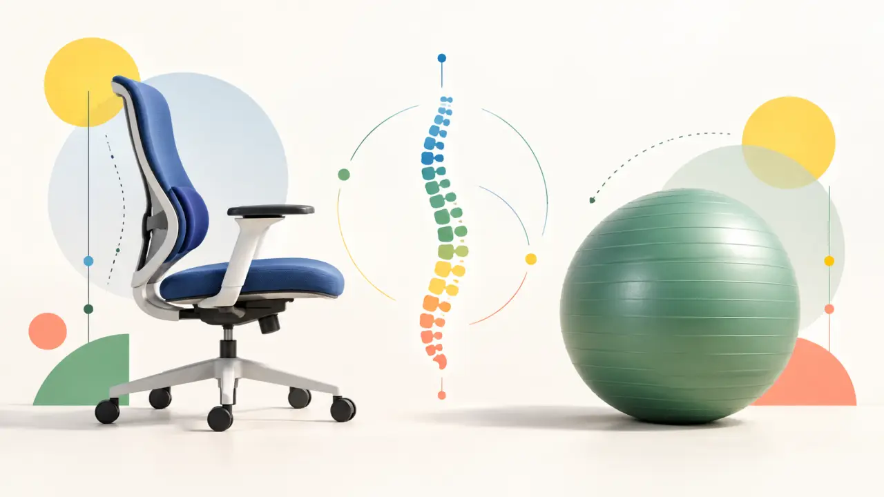 Personne assise sur une chaise ergonomique et sur un ballon, dans un espace de travail minimaliste