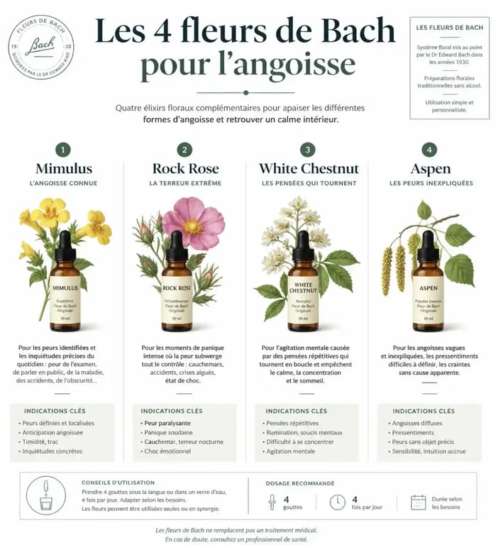 Infographie des meilleures fleurs de Bach contre les angoisses : Mimulus, Rock Rose, White Chestnut et Aspen