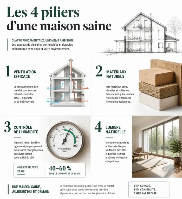 Infographie sur les piliers d'une maison saine pour améliorer la qualité de l'air intérieur