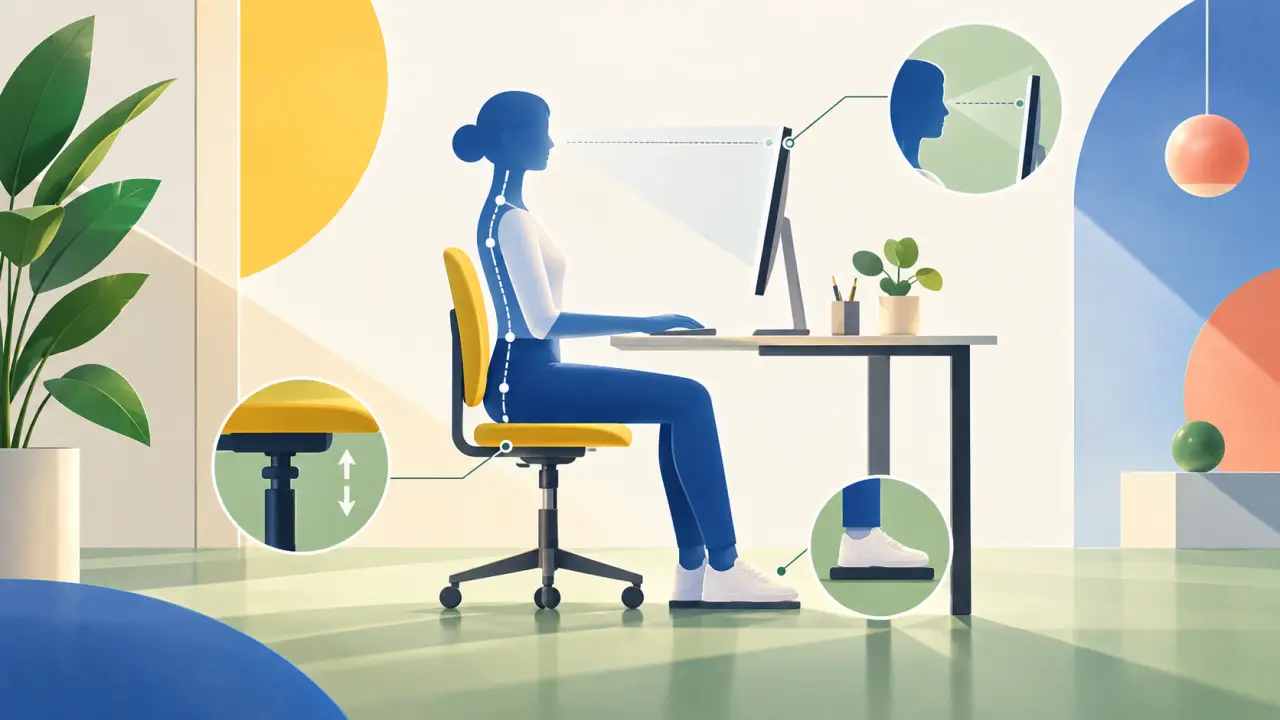 Posture équilibrée devant un bureau avec écran, chaise et clavier correctement réglés