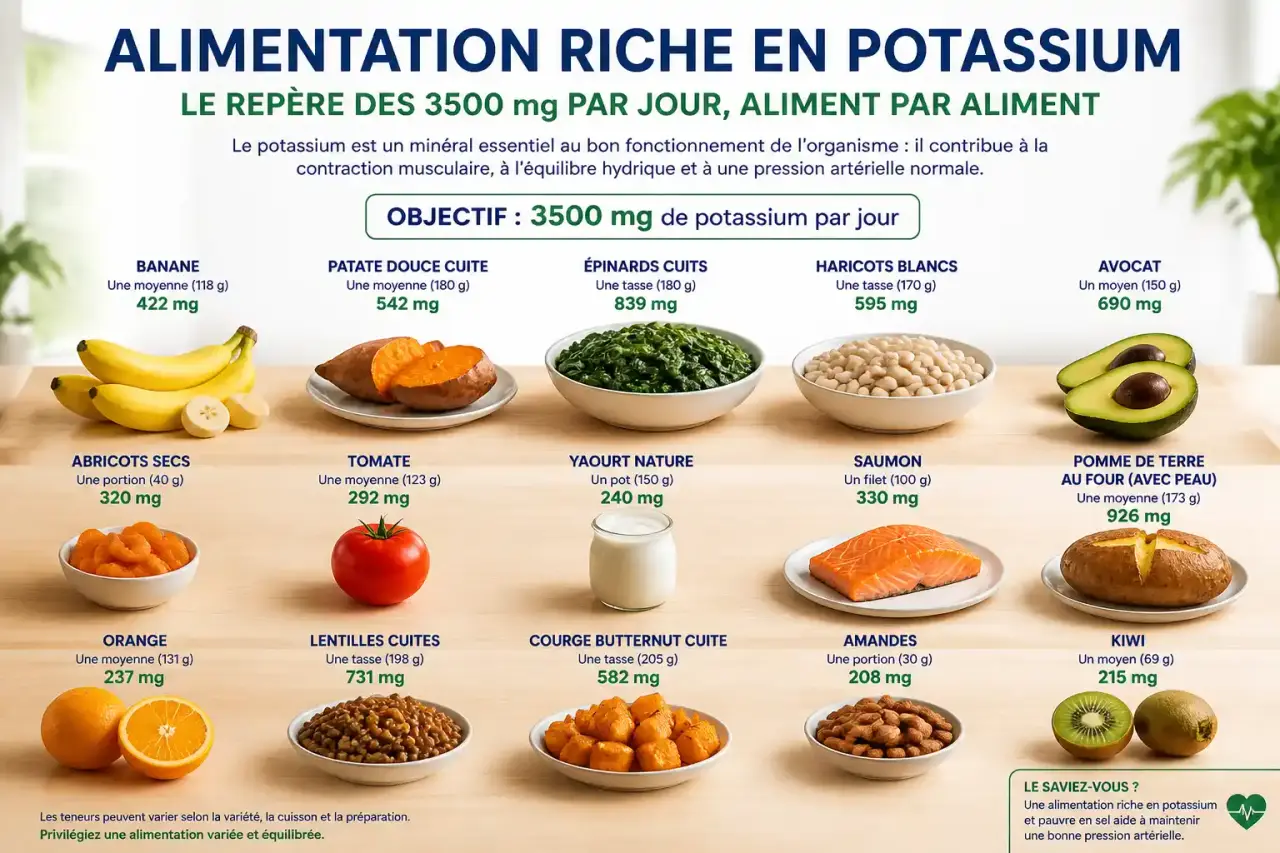 Alimentation riche en potassium : le repère des 3500 mg par jour, aliment par aliment
