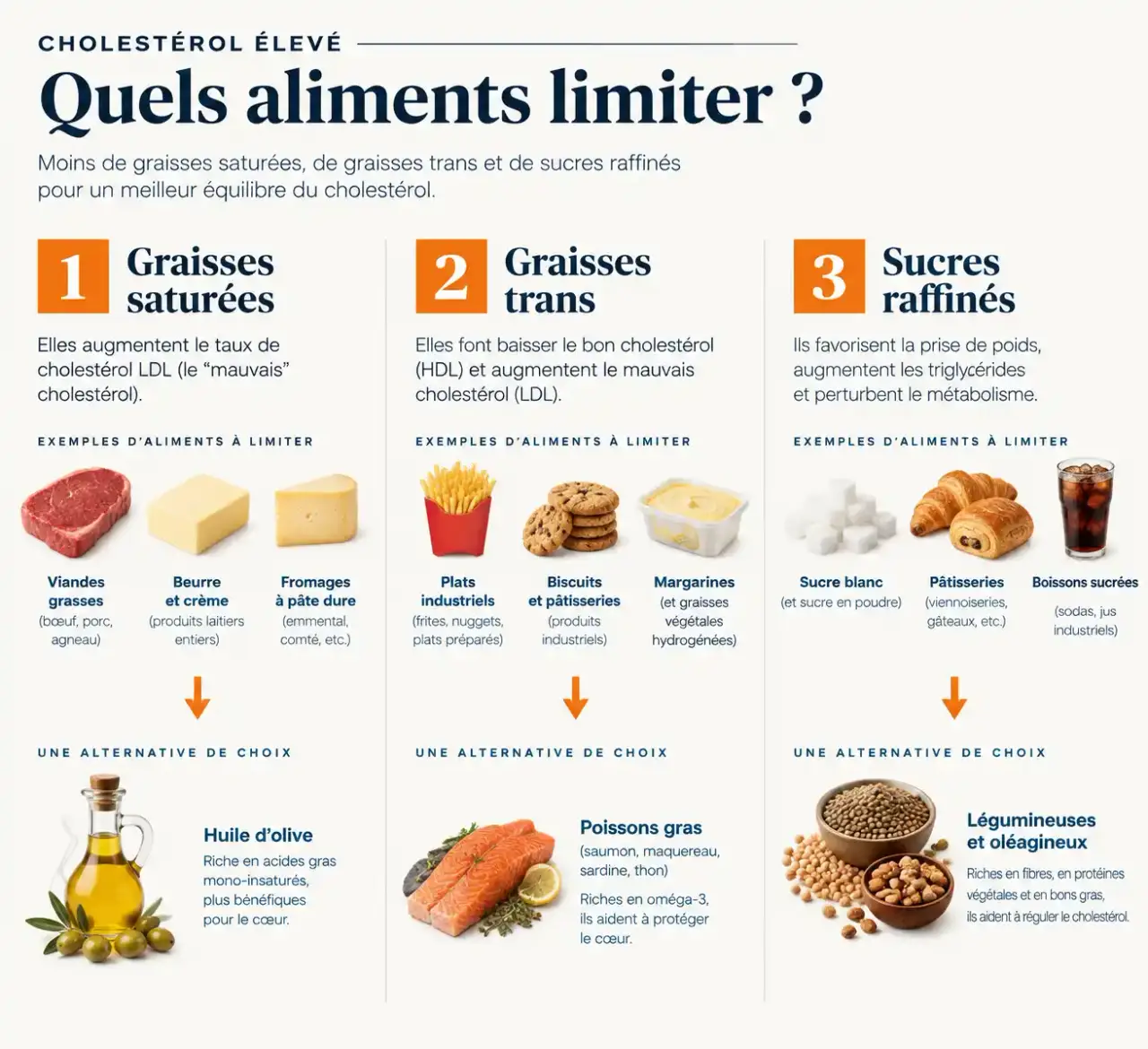 Liste des aliments interdits ou à limiter en cas de cholestérol élevé, avec leurs alternatives, classés par priorité