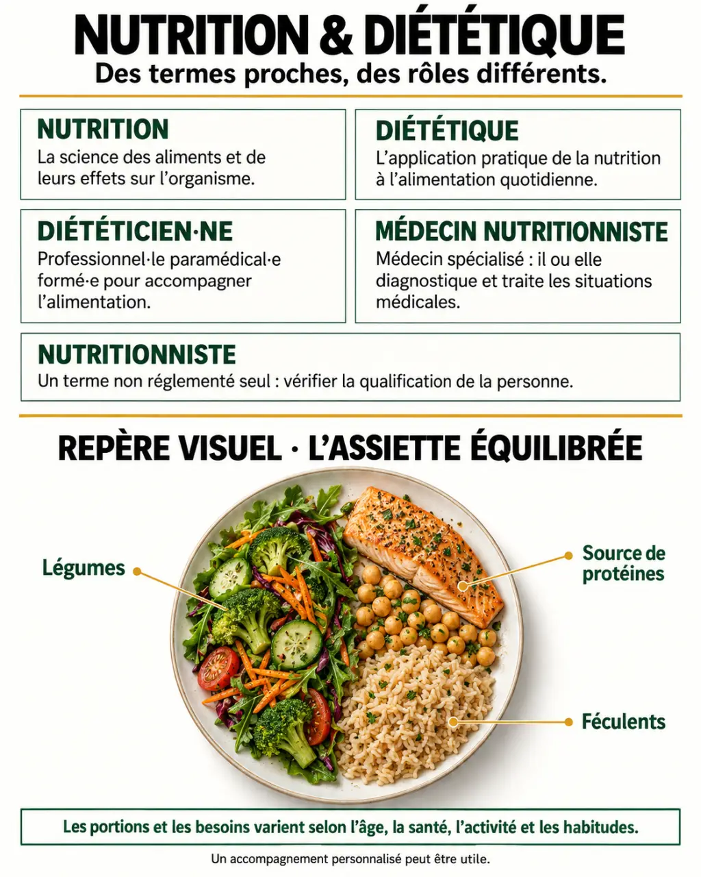 Infographie sur la diététique et la différence entre nutrition, diététicien et nutritionniste