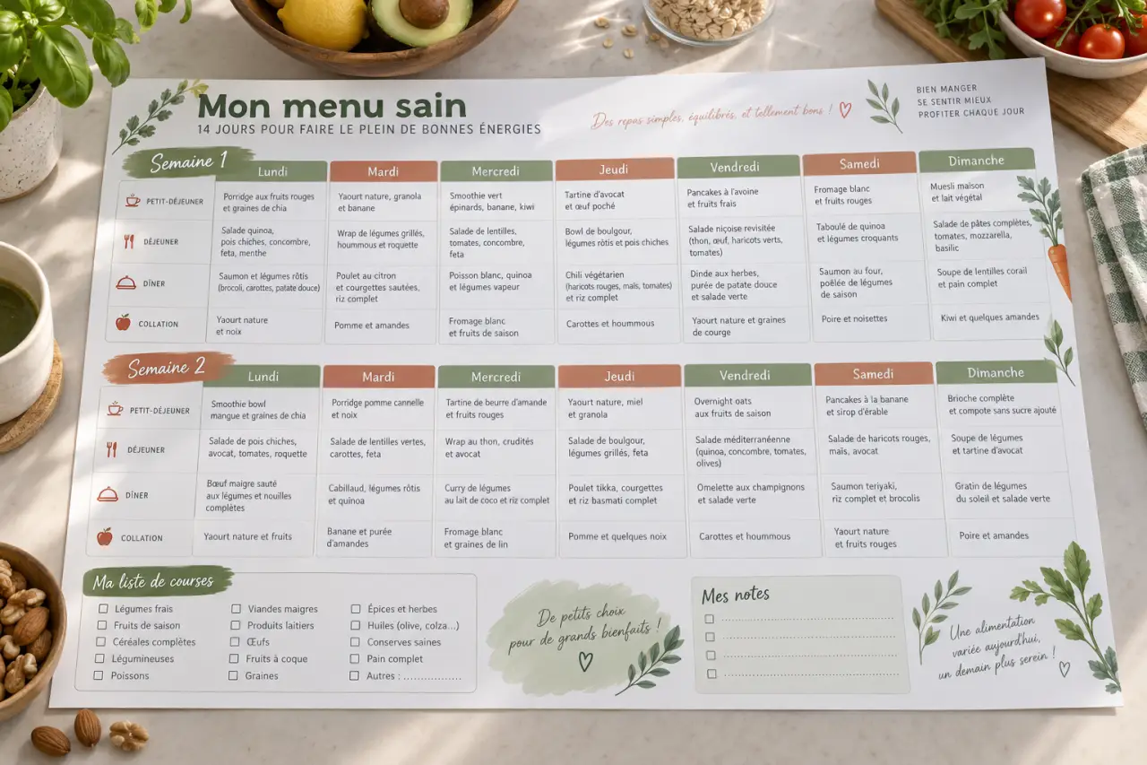 14 menus pour manger sainement en PDF : un planning imprimable sur deux semaines