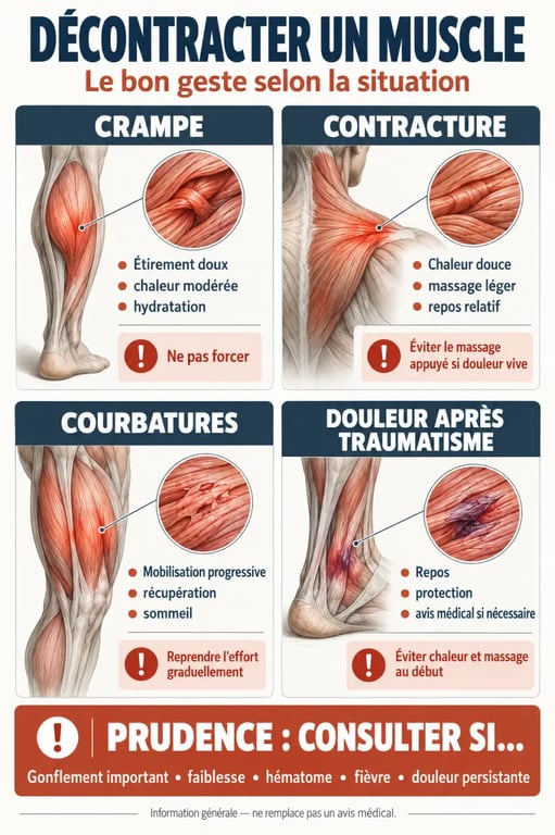 Infographie sur le décontractant musculaire naturel selon le type de douleur et les précautions