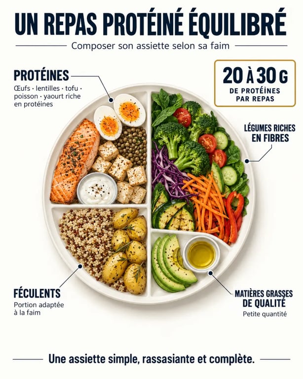 Infographie pour composer un repas protéiné équilibré avec 20 à 30 g de protéines