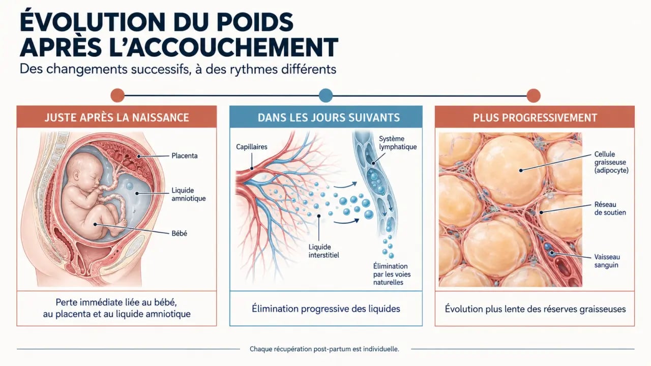 Infographie pour perdre du poid apres grossesse : différence entre perte immédiate, liquides et réserves graisseuses