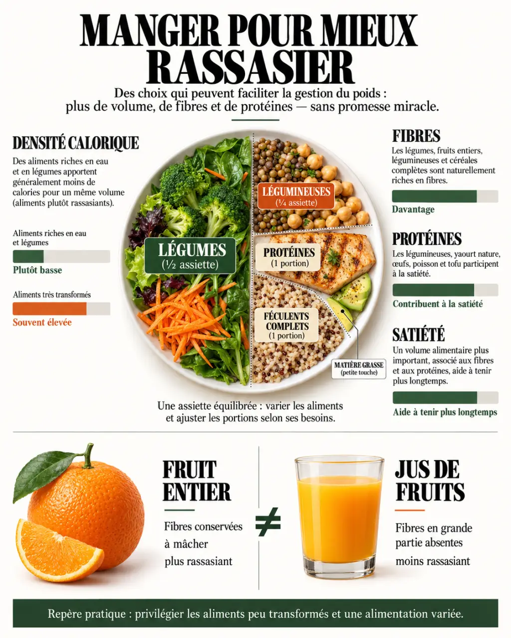 Infographie sur les aliments qui font maigrir et l’assiette équilibrée favorisant la satiété