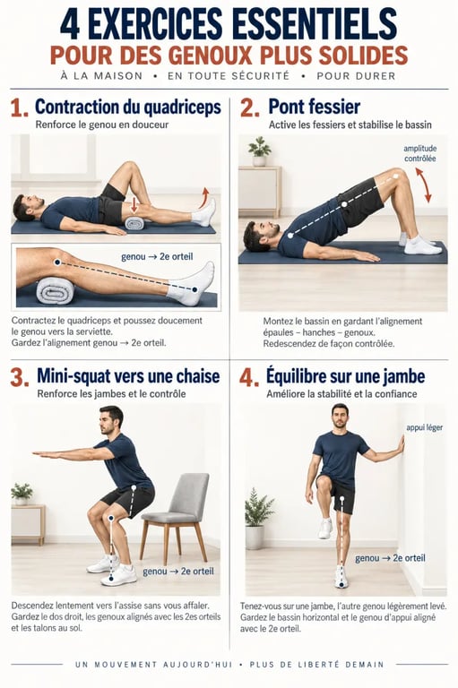 Genoux exercices : séquence illustrée de renforcement, mini-squat et équilibre à la maison